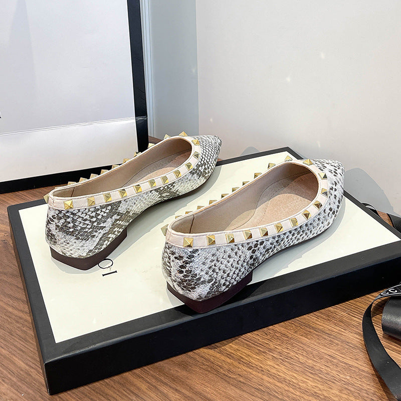 Signature GetUp Women’s Snakeskin Studded Pointed Flats – Shallow Mouth Low Heel Shoes in Gold & Silver, Fashion Flat Shoes