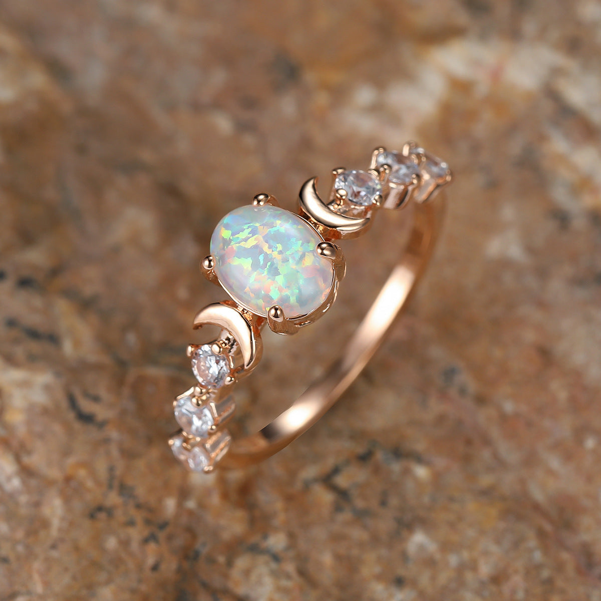 Signature GetUp October Opal Birthstone Ring – Oval White Opal Moon Retro Ring with Diamond Accents in Rose Gold, Gold, or Silver