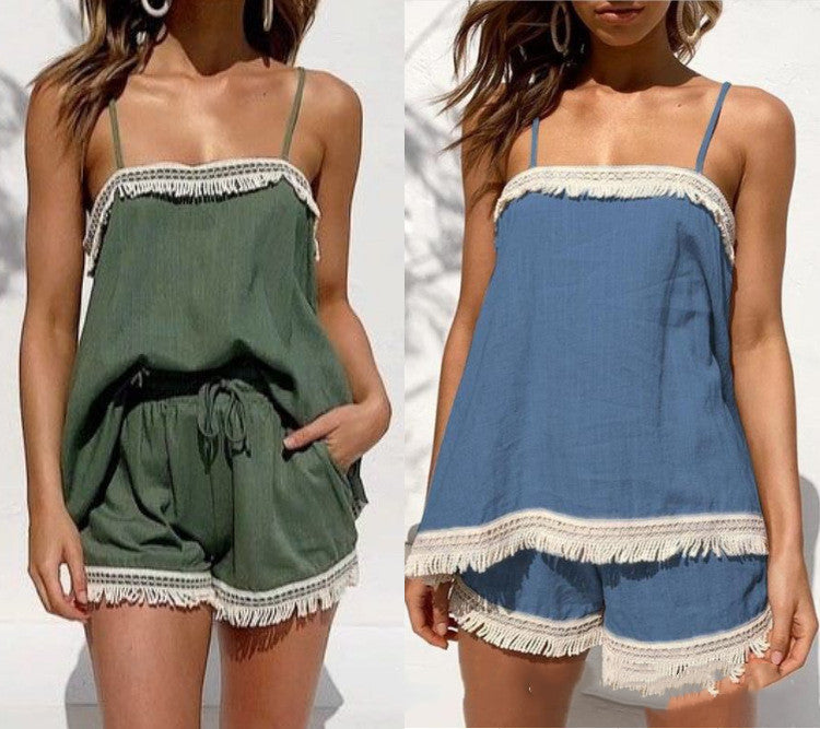 Signature GetUp Women’s Miss You Apron Neck Tassel Lace Two-Piece Tank Top – Boho Summer Festival Outfit