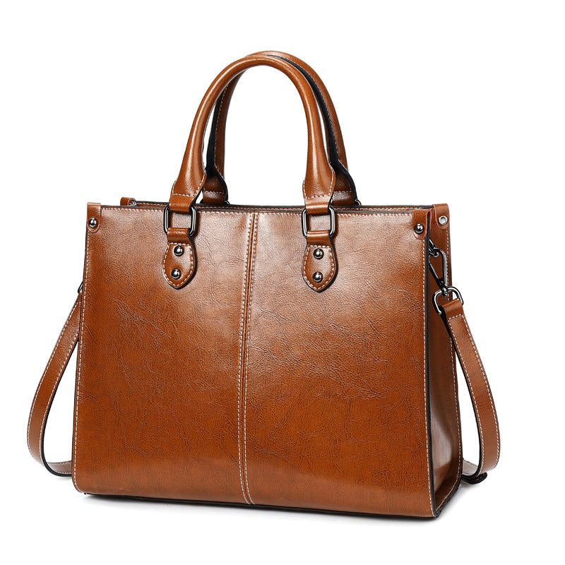 Signature GetUp Elegant Genuine Leather Women's Tote Bag – Oil Wax Stitching Handbag for Shoulder or Hand Carry