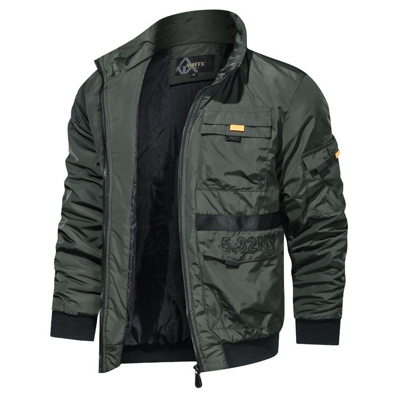 Signature GetUp Men’s Stand Collar Jacket – Multi-Pocket Casual Outerwear, Loose Fit Zipper Polyester Jacket for Everyday Fashion