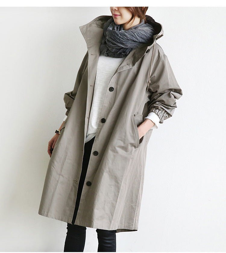 Signature GetUp Women's Long Sleeve Button Hooded Plain Windbreaker – Casual Loose Jacket with Pockets for Travel & Outdoor