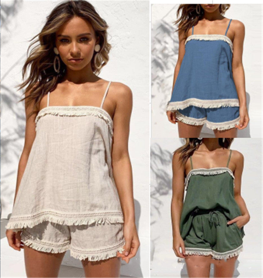 Signature GetUp Women’s Miss You Apron Neck Tassel Lace Two-Piece Tank Top – Boho Summer Festival Outfit