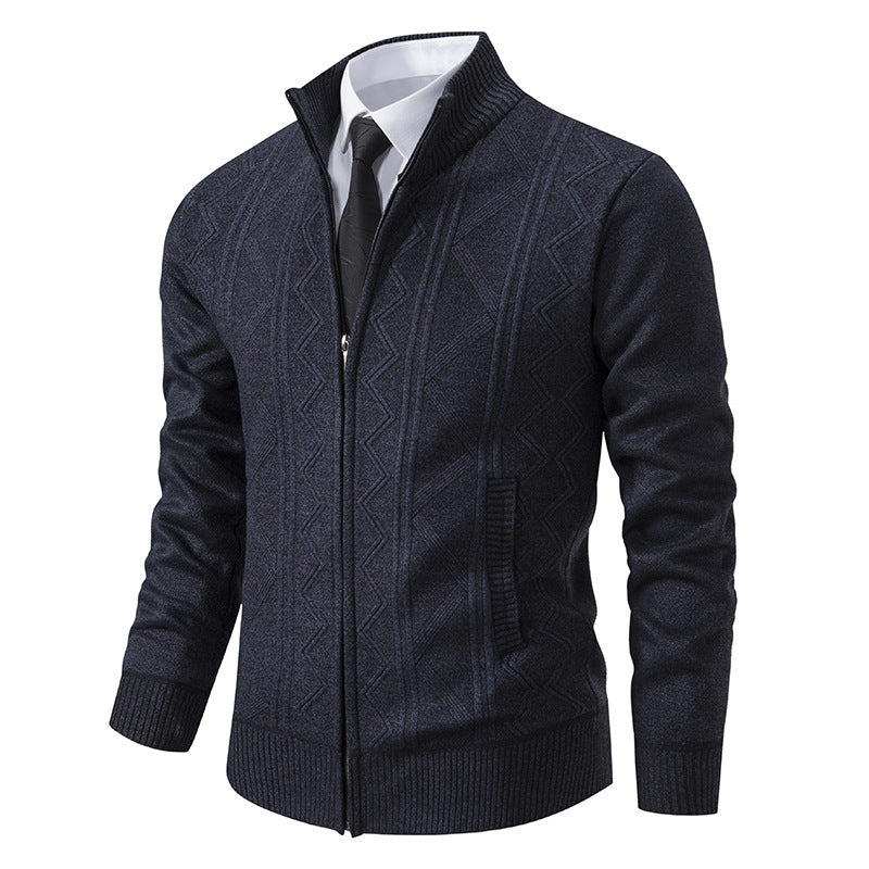 Signature GetUp Men's Casual Solid Color Stand Collar Fleece Warm Zipper Cardigan – Loose Fit Knitted Sweater Jacket