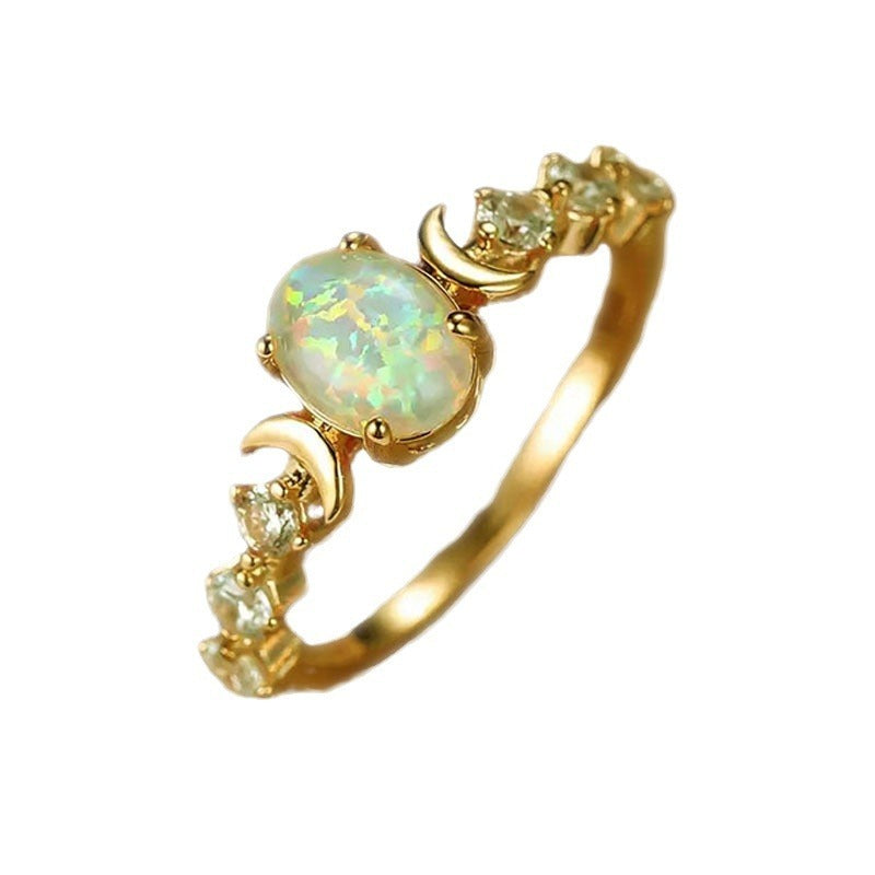 Signature GetUp October Opal Birthstone Ring – Oval White Opal Moon Retro Ring with Diamond Accents in Rose Gold, Gold, or Silver