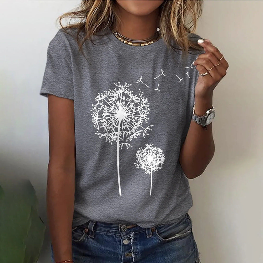 Signature GetUp Dandelion Print Women’s Crew Neck T-Shirt – Casual Patchwork Short Sleeve Loose Pullover Top