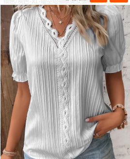 Signature GetUp Women’s Blouse – Lace Trim Pintuck Elegant Smart Pullover Top | Hollow-Out Short Sleeve Summer Shirt