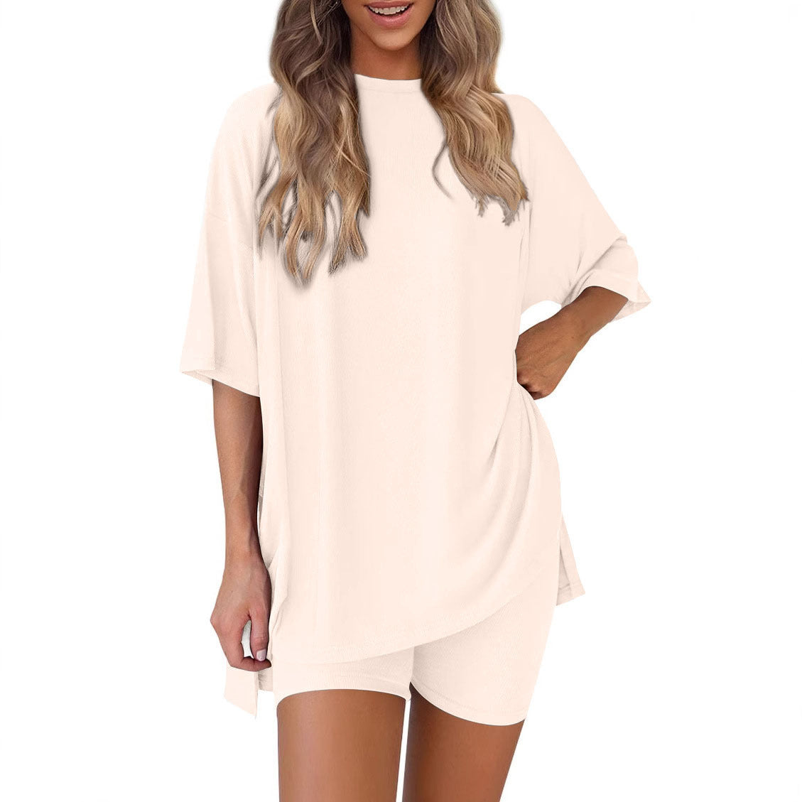 Signature GetUp Breezy Lounge Duo – Oversized Shirt & Shorts Set, Women’s Solid Color Two-Piece Suit for Casual Comfort & Street Style