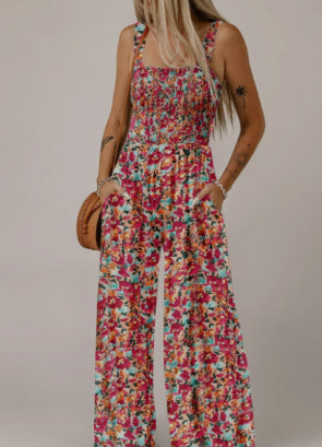Signature GetUp Bloom & Move: Floral Sleeveless Jumpsuit – Bohemian Spaghetti-Strap Wide-Leg Overalls, Retro Chic Women’s Fashion