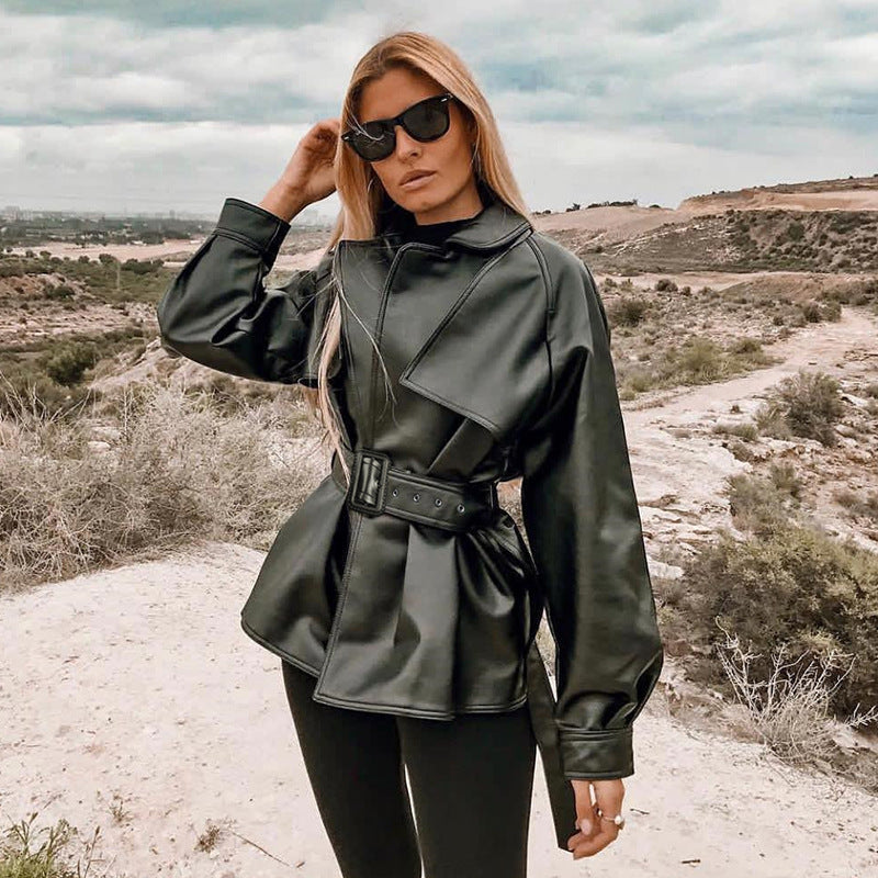 Signature GetUp Women’s Genuine Leather Belted Trench Coat – Stylish Locomotive Windbreaker with Polyester Lining