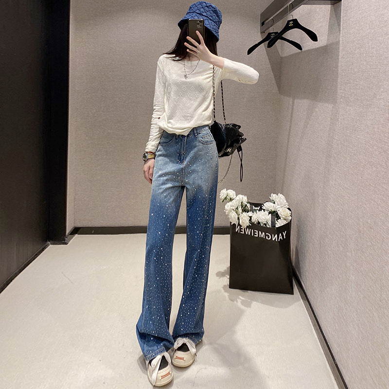 Signature GetUp Crystal-Embellished Wide Leg Jeans – 90s Revival Rhinestone High Waist Women’s Retro Artistic Denim Trousers