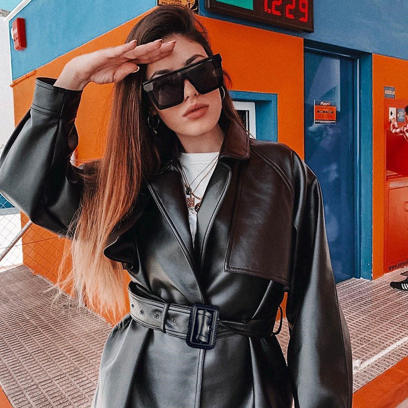 Signature GetUp Women’s Genuine Leather Belted Trench Coat – Stylish Locomotive Windbreaker with Polyester Lining