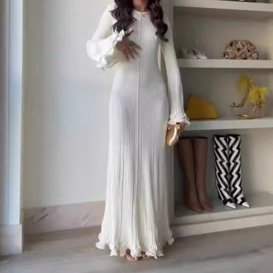 Signature GetUp Revival Ruffled Pleated Long Dress – Solid Color Slim Fit Long Sleeve Mid-Waist Maxi Dress for Women