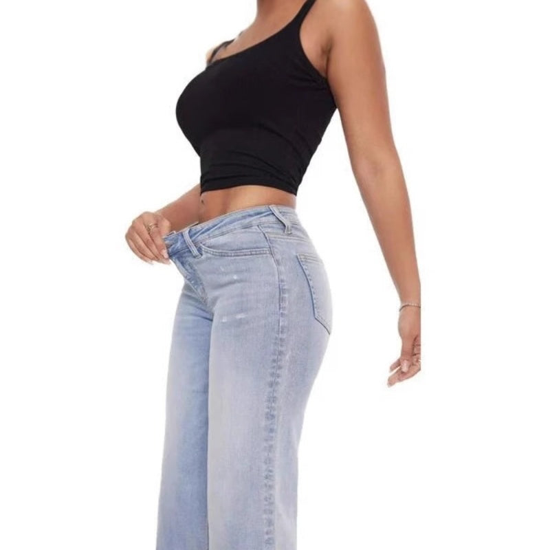 Signature GetUp Women’s High-Waisted Wow Wide-Leg Jeans – Loose Fit Hip-Lift Straight Denim with Crochet Detail