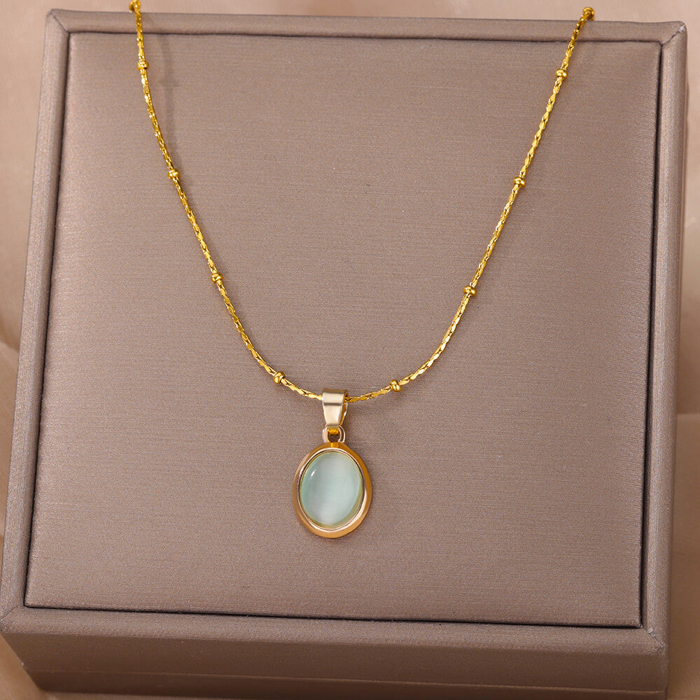 Signature GetUp Green Opal Necklace – Simple Oval Titanium Steel Pendant with O-Ring Chain in White, Blue, or Green