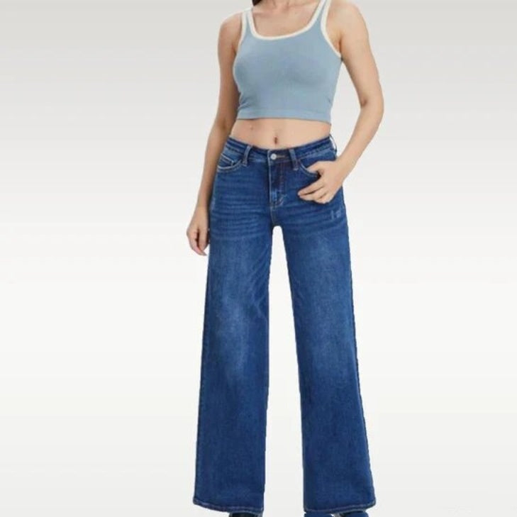 Signature GetUp Women’s High-Waisted Wow Wide-Leg Jeans – Loose Fit Hip-Lift Straight Denim with Crochet Detail