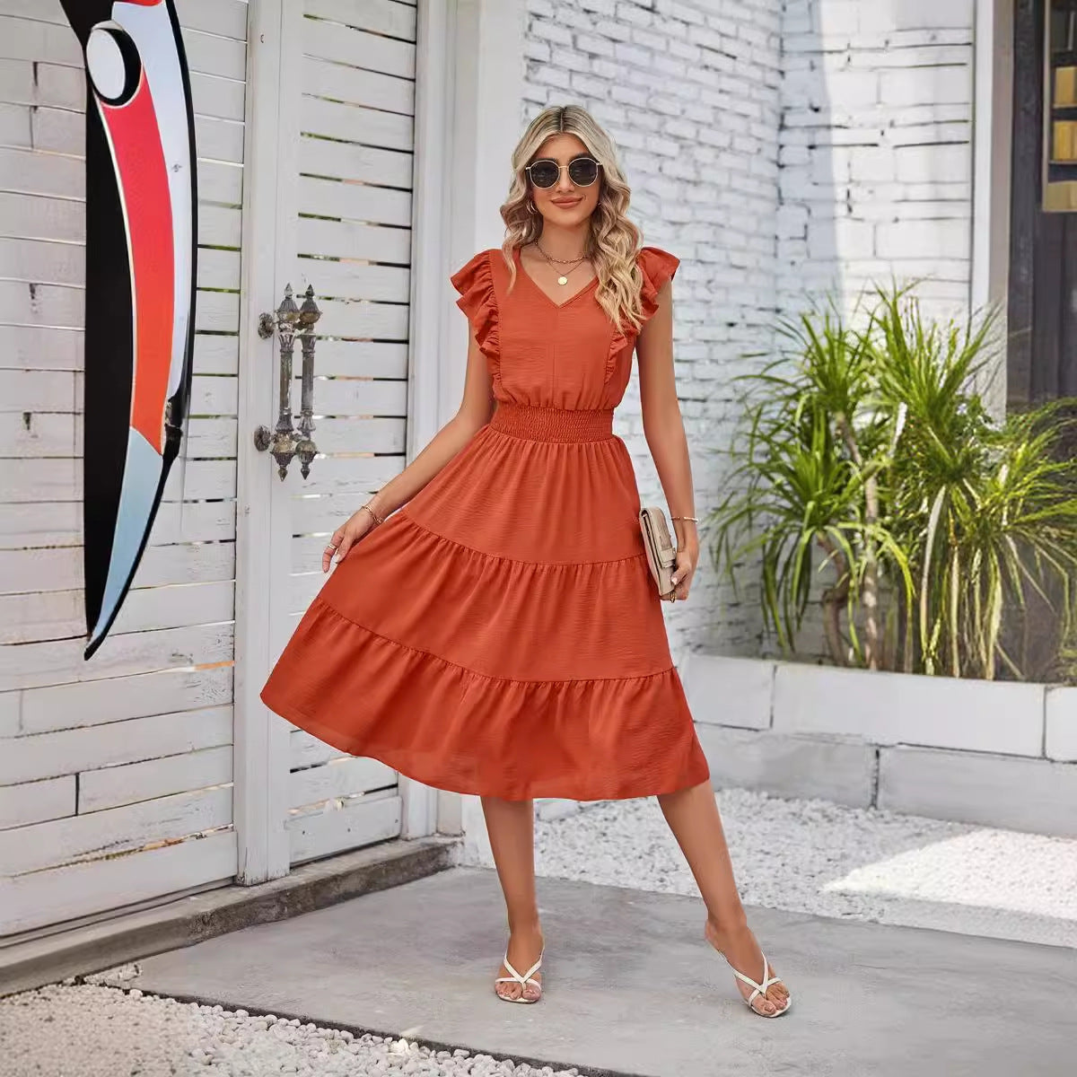 Signature GetUp - New Ruffled Sleeveless V-Neck Dress for Women | Elastic Waist A-Line Summer Fashion Dress