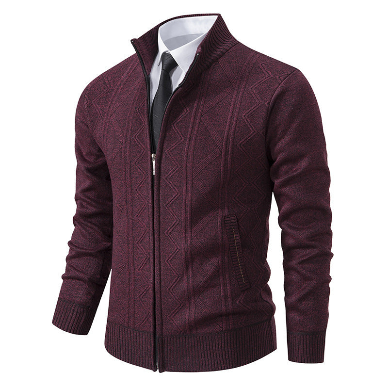 Signature GetUp Men's Casual Solid Color Stand Collar Fleece Warm Zipper Cardigan – Loose Fit Knitted Sweater Jacket