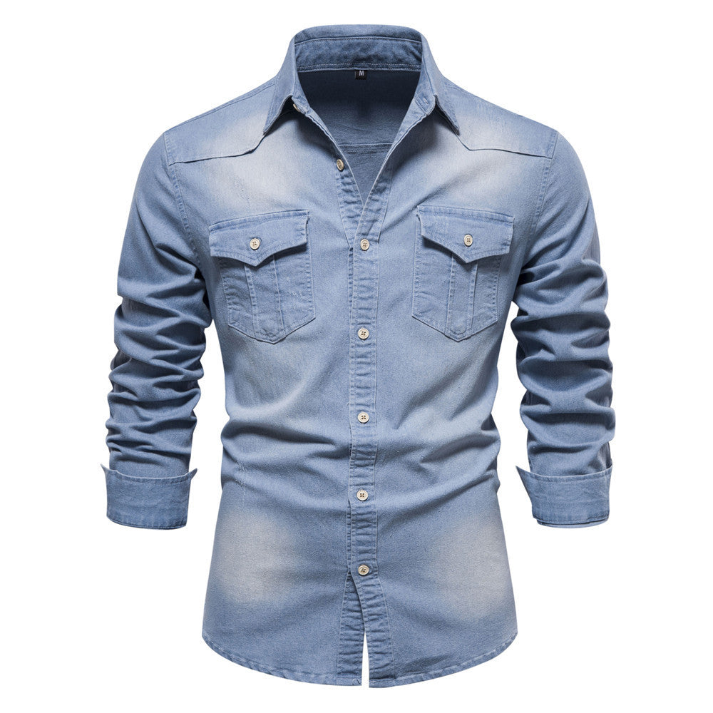 Signature GetUp Spring Long Sleeve Men’s Denim Shirt – High Quality Slim Fit Casual Cotton Button-Down Top