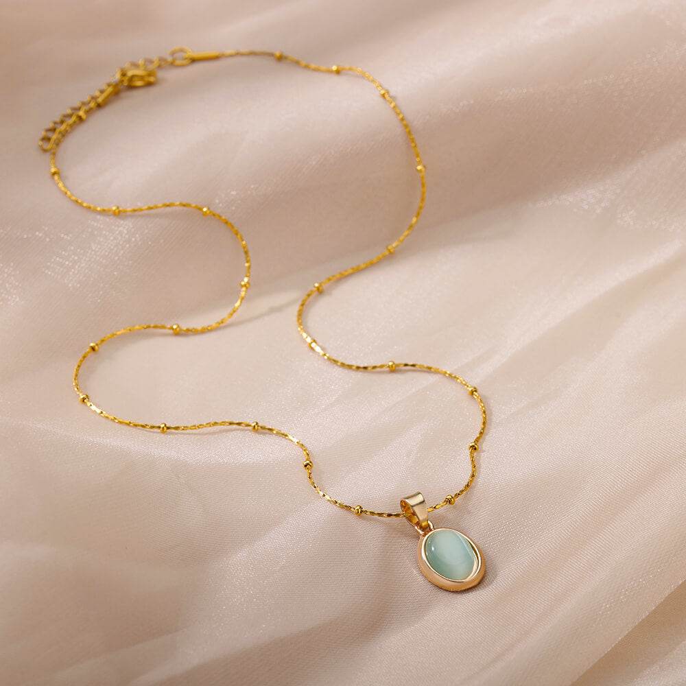 Signature GetUp Green Opal Necklace – Simple Oval Titanium Steel Pendant with O-Ring Chain in White, Blue, or Green