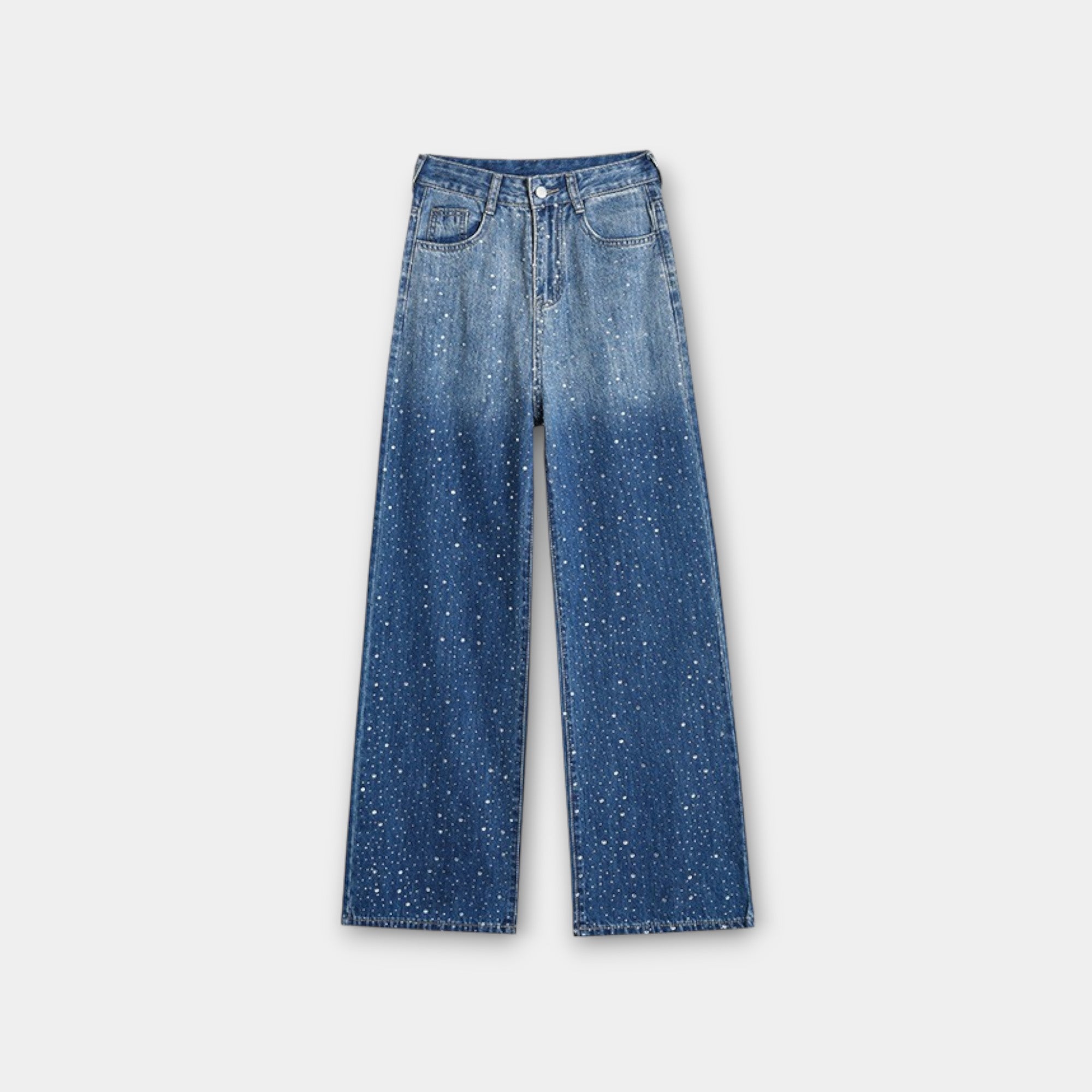 Signature GetUp Crystal-Embellished Wide Leg Jeans – 90s Revival Rhinestone High Waist Women’s Retro Artistic Denim Trousers
