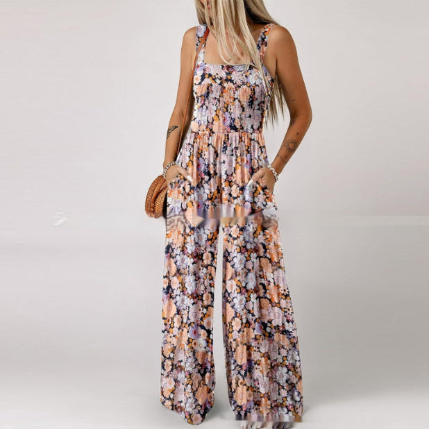 Signature GetUp Bloom & Move: Floral Sleeveless Jumpsuit – Bohemian Spaghetti-Strap Wide-Leg Overalls, Retro Chic Women’s Fashion