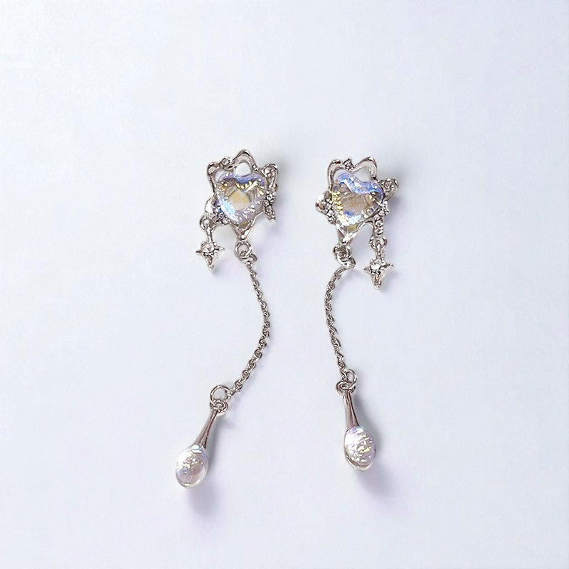Signature GetUp Wind Tassel Earrings – Women’s Fashion Moonstone Heart Irregular Ear Clip, Trendy INS Style Jewelry