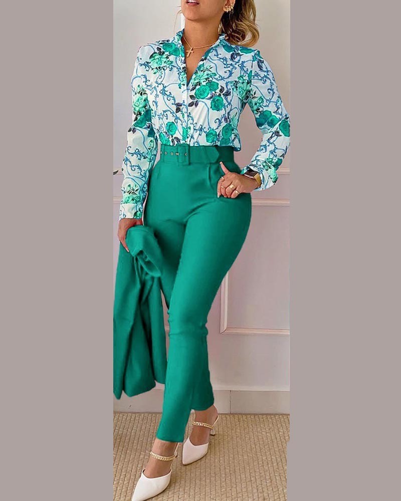 Signature GetUp Women’s Elegant 2-Piece Set – Printed Long-Sleeve Top & Solid Pants with Belt | Stylish Outfit for All Seasons