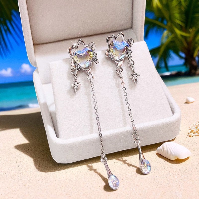 Signature GetUp Wind Tassel Earrings – Women’s Fashion Moonstone Heart Irregular Ear Clip, Trendy INS Style Jewelry