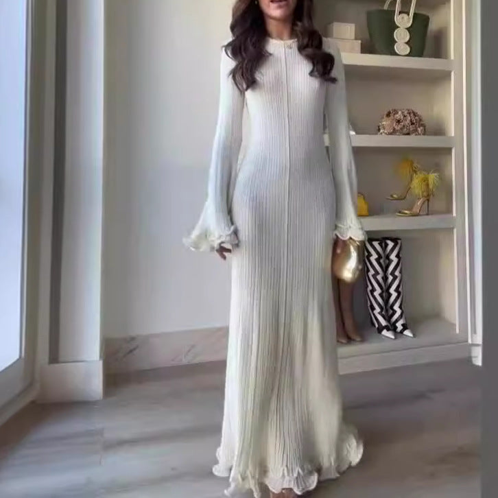 Signature GetUp Revival Ruffled Pleated Long Dress – Solid Color Slim Fit Long Sleeve Mid-Waist Maxi Dress for Women
