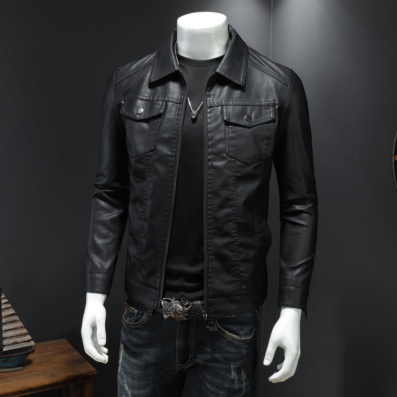 Signature GetUp Classic Slim Fit Faux Leather Jacket with Zipper – Men's Fashion Casual Solid Color Biker Style