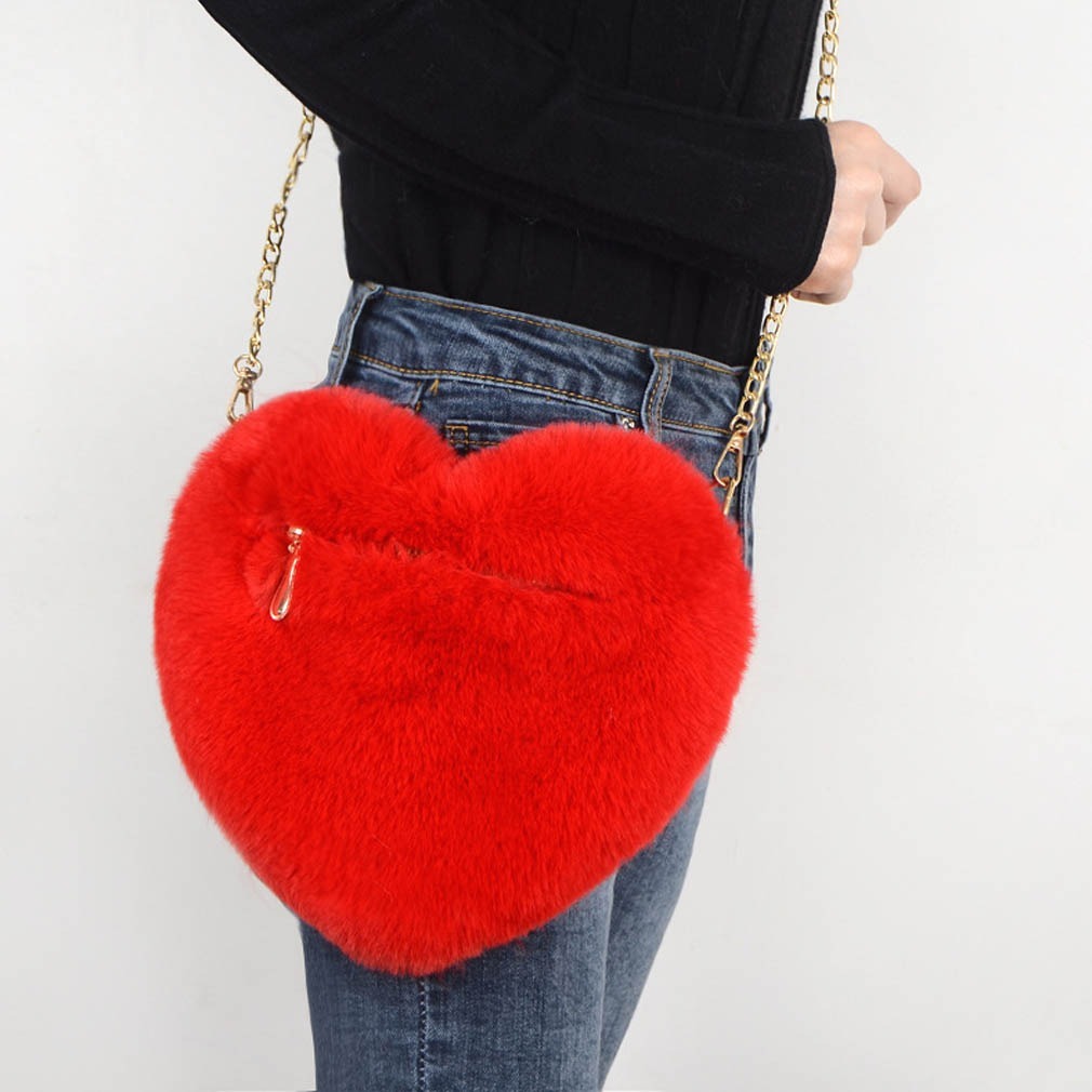 Signature GetUp Heart Shape Shiny Knit Shoulder Bag – Plush Valentine's Day Purse for Women with Chain Strap